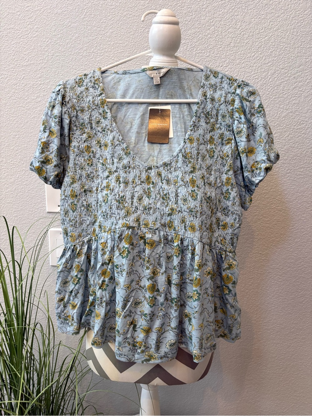 Lucky Brand Light Blue Floral Smocked Peasant Top